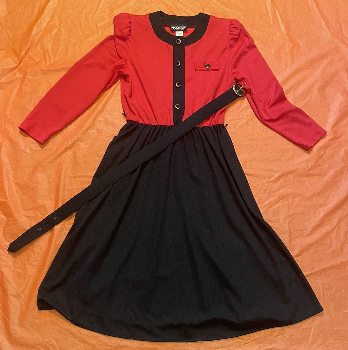 Tabby of California Dress Women Size 8P (Small) Red Black Belted Vintage 80s