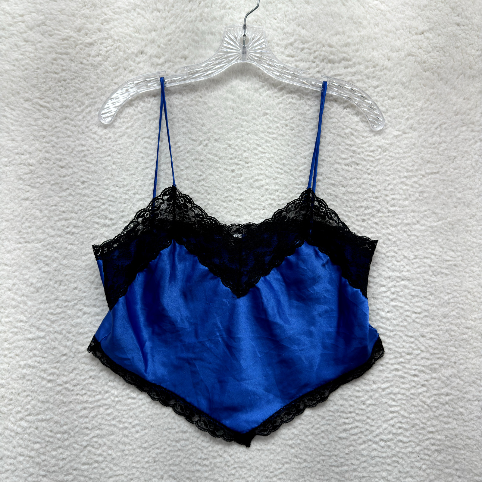 90s Vintage Camisole Lingerie Top Large Blue Satin Lace Handkerchief Hem