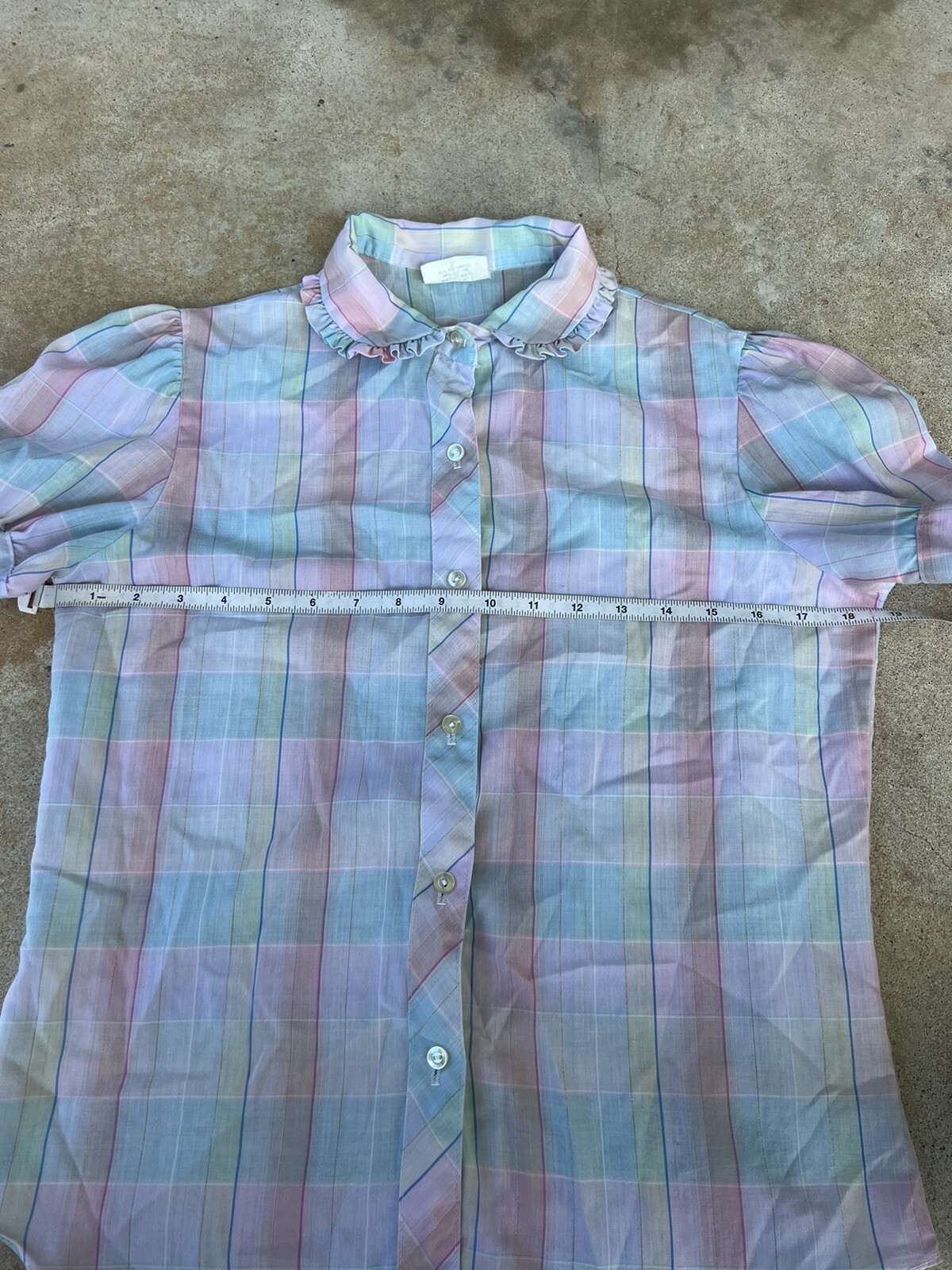 Vntg 1950s Pastel Multi Color Plaid Blouse With Ruffle Collar Classic Size XS/S