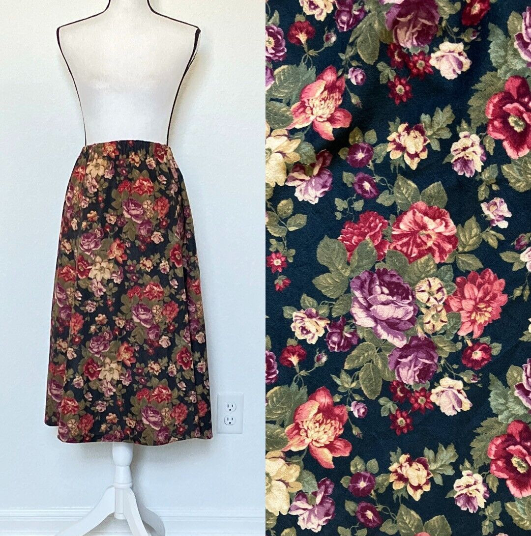1980s Hand Sewn Floral Midi Skirt, Vtg Skirt with Elastic Waistband