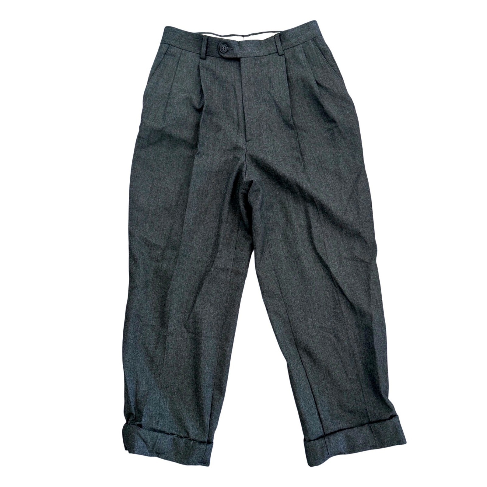 Vintage Wool Cuffed Pleated Trousers High Waisted Cropped Slouchy Dark Grey Sz S