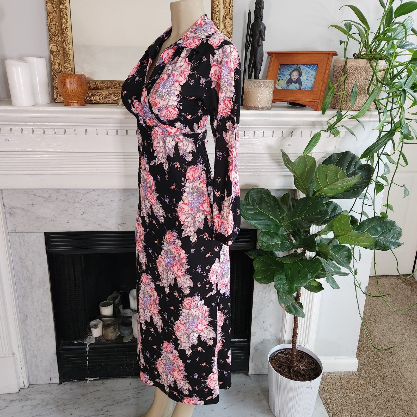 Vintage 70s Black Floral Dress Size S Maxi Cottagecore Stretch Empire Waist Boho