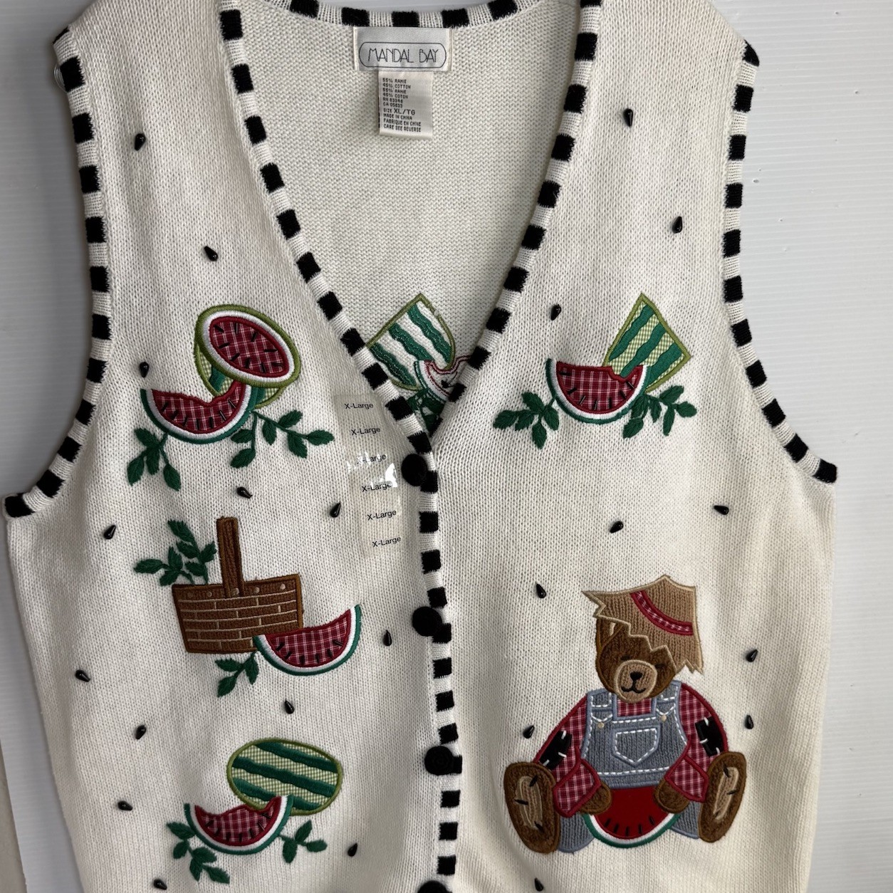 VTG 90’s Mandal Bay Knit Sweater Vest Size XL Teddy Bear Watermelon Cottagecore