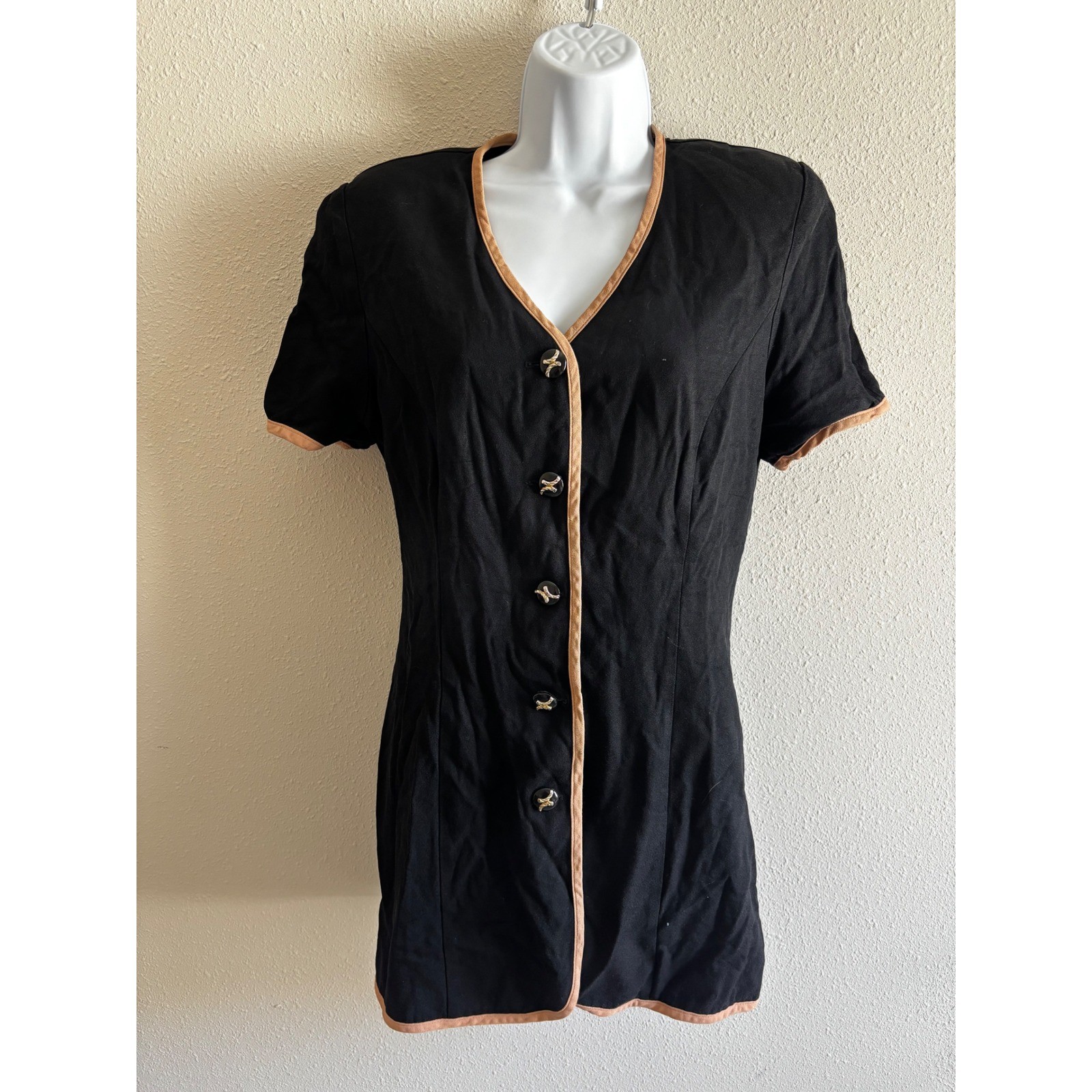 Danny & Nicole Jacket 12 Black Vintage Short Sleeve Button Front Contrast Trim