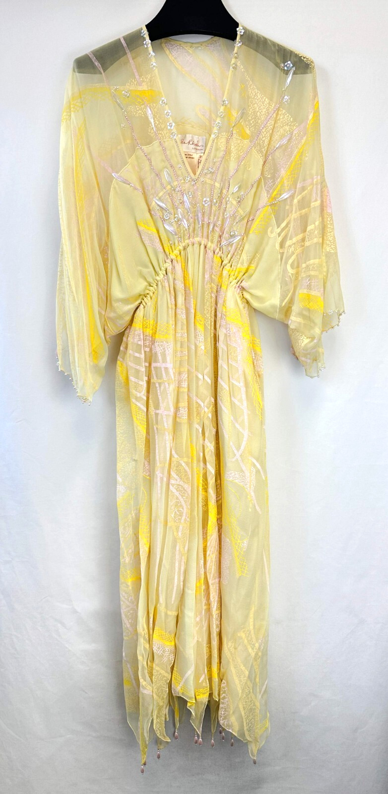 Vintage ZANDRA RHODES Iconic Silk Chiffon Gown 6 Yellow Hand Painted 1970’s Midi
