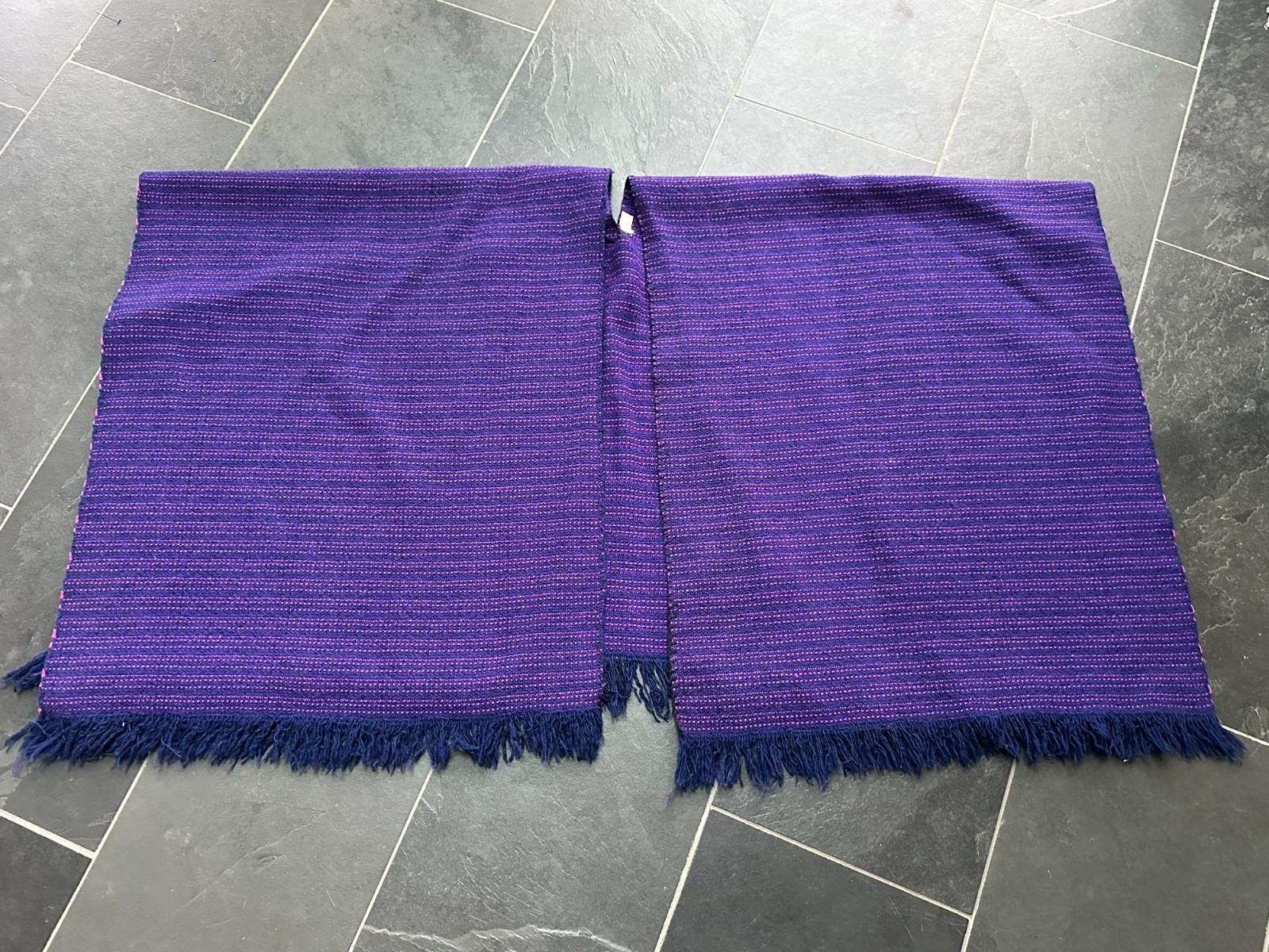 Vintage Bohemian Blue and Pink Hand Woven Stripe Wool Poncho Cape Shawl