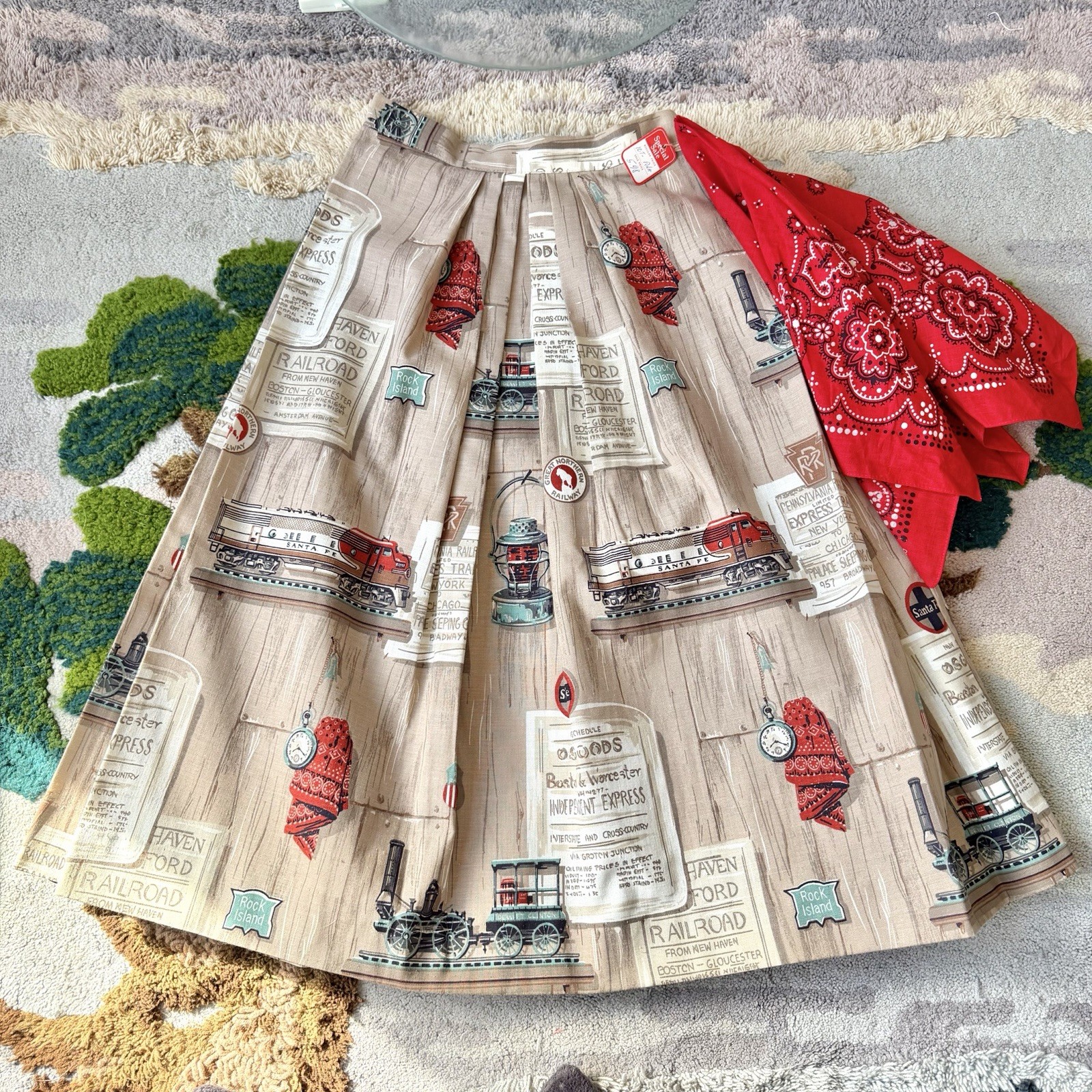 Vintage RAILROAD NOVELTY SKIRT 1950s w/ original BANDANNA NWT Santa Fe Train XS