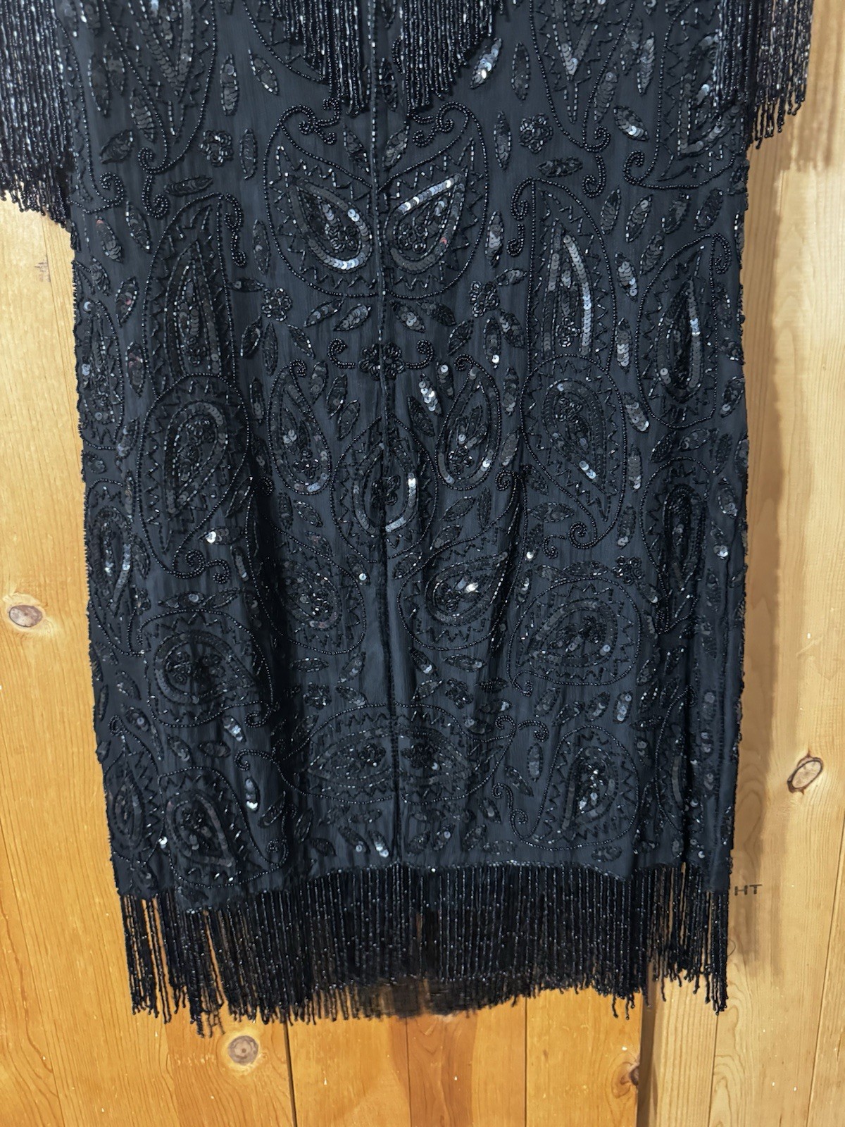 Mid 1990’s Black Tan Chho Sequinned & Beaded Dress with Fringe 2X BUST 44-48”