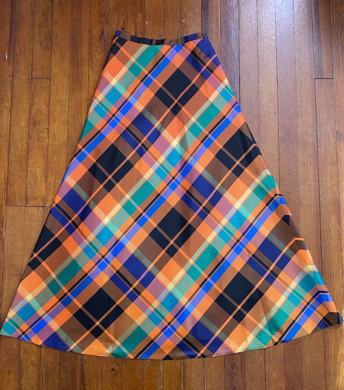 VTG Psychedelic Colorful Plaid Crepe Mod A Line Maxi Skirt 1970s S