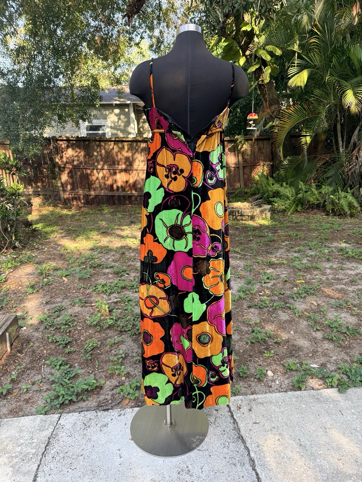 Vintage 1960s Mia Boutique Bright Floral Velvet Maxi Dress