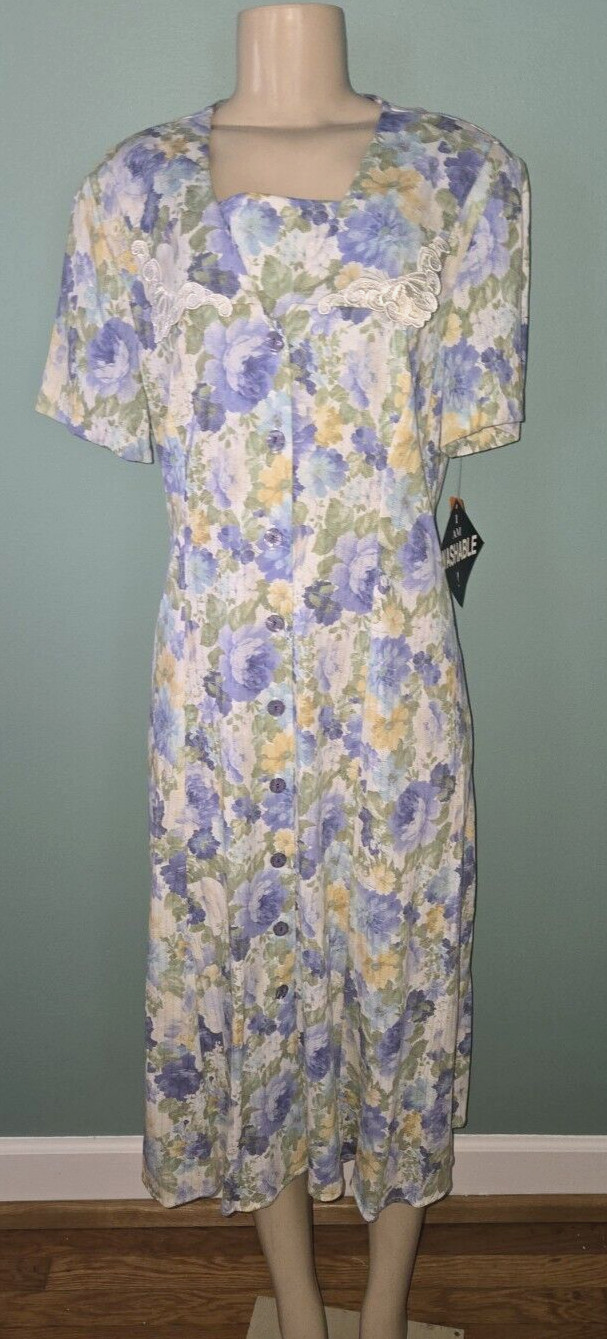 Vintage Whirlaway Frocks Yellow / Blue Floral Cottagecore Dress Size 18 NOS NWT