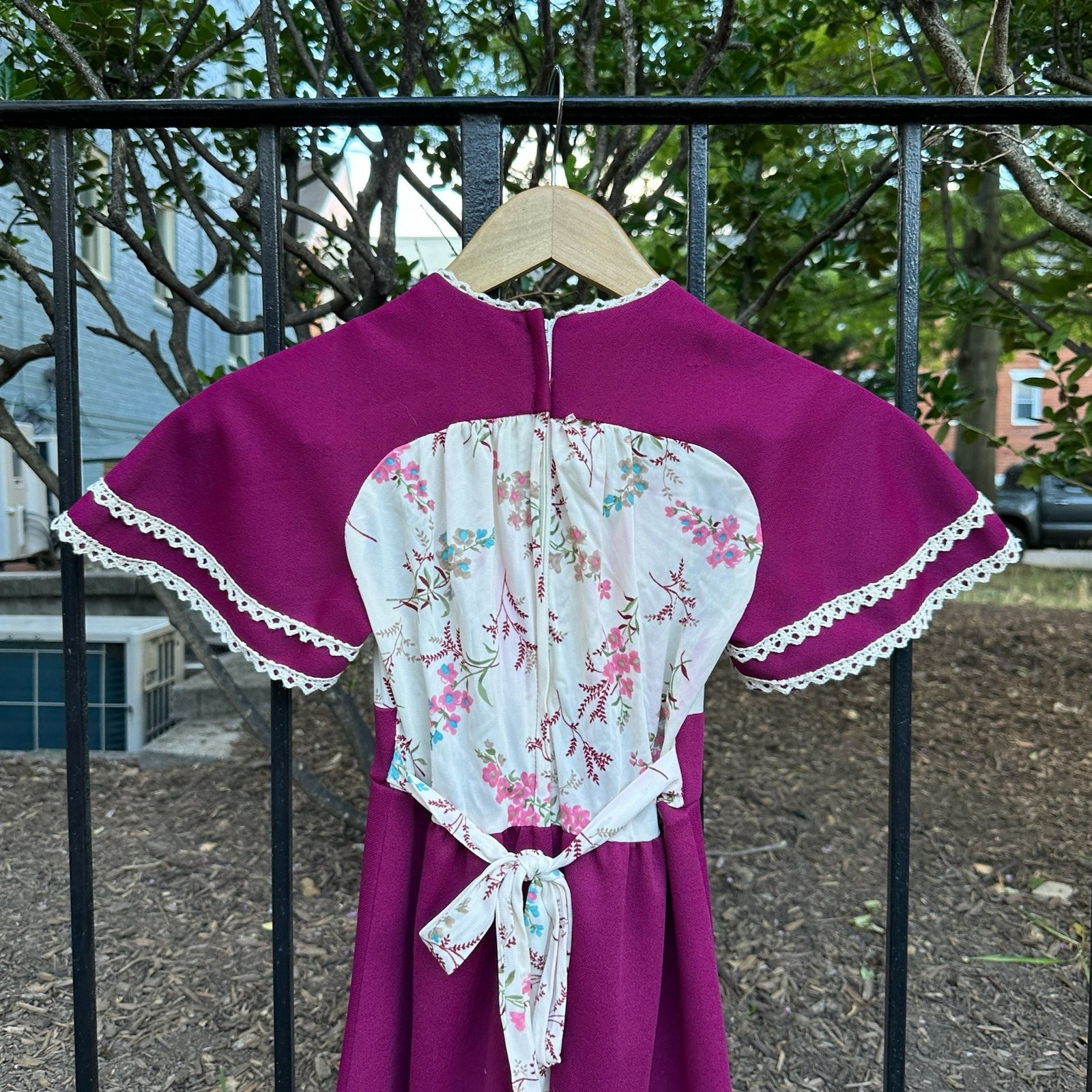 Vintage 1970s Magenta Prairie Maxi Dress with Floral Bodice and Lace Trim