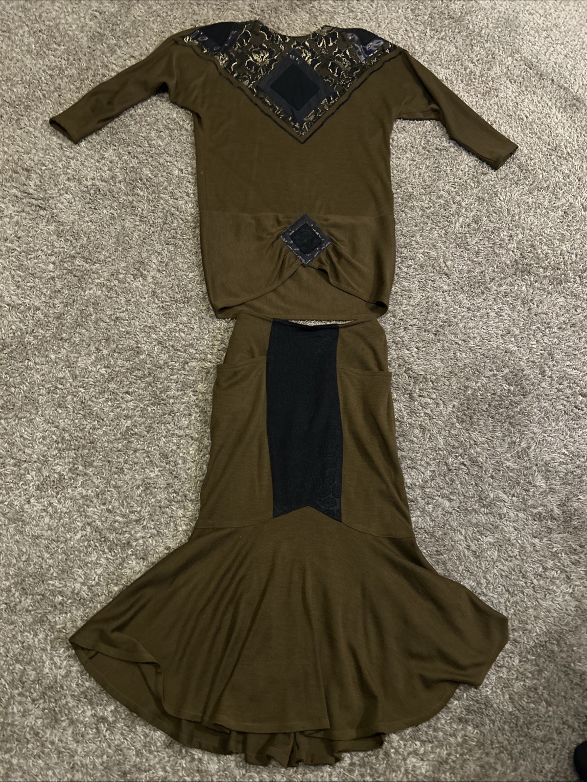 VTG Leadermode 2pc Skirt Set M Brown Gold Metallic 80s 90s Party Edgy