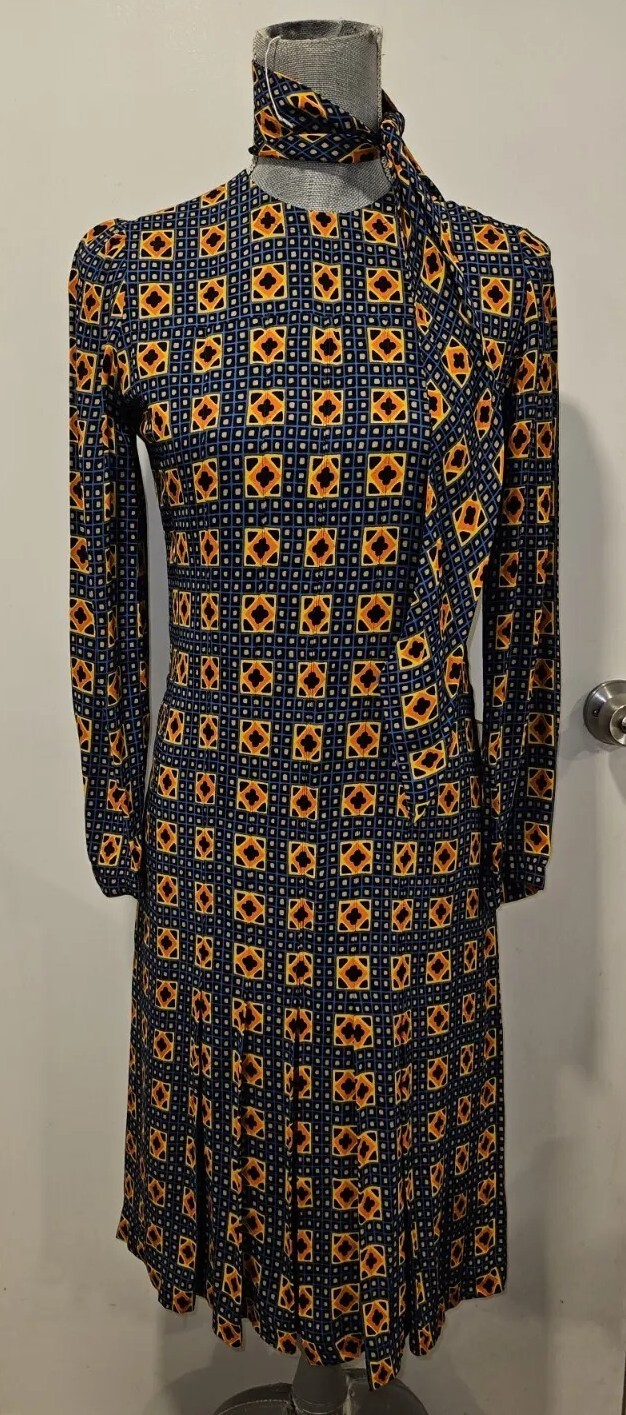 Jean Louis Scherrer Size 38 Vintage 70s Dress + Matching Scarf/Belt Blue Yellow