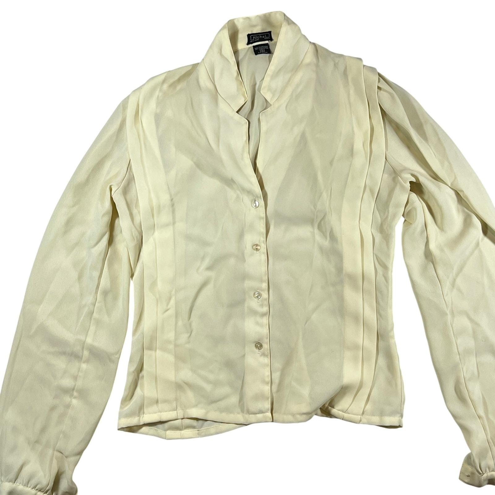 VTG Michel Blouse Womens S Cream Pleated Front Button Up Secretary Core 80s 90s