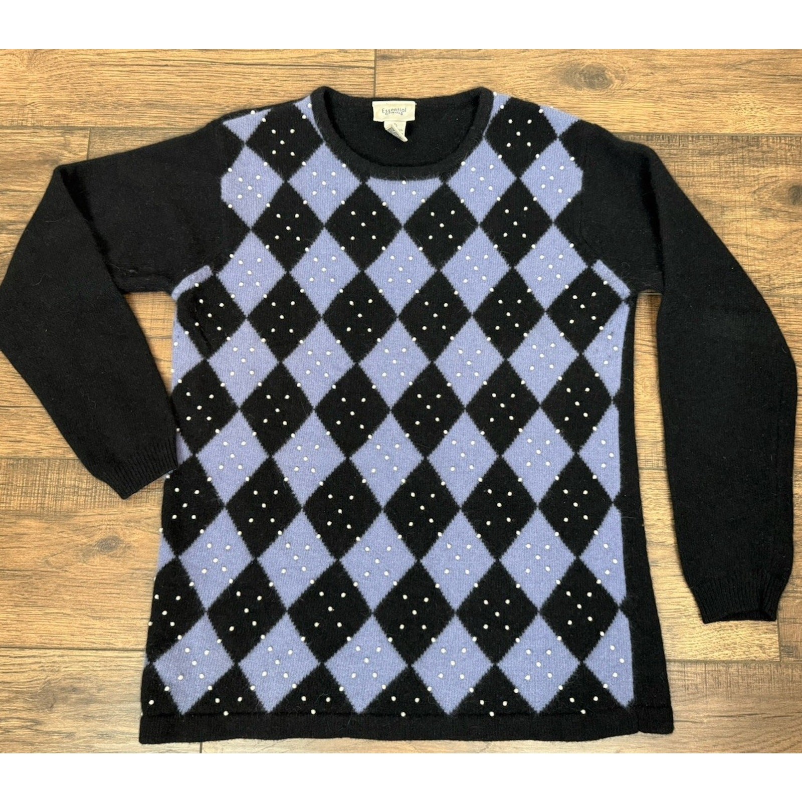 Vintage Lambswool Angora Rabbit Sweater Black Blue Plaid Beaded Women’s Sz Large