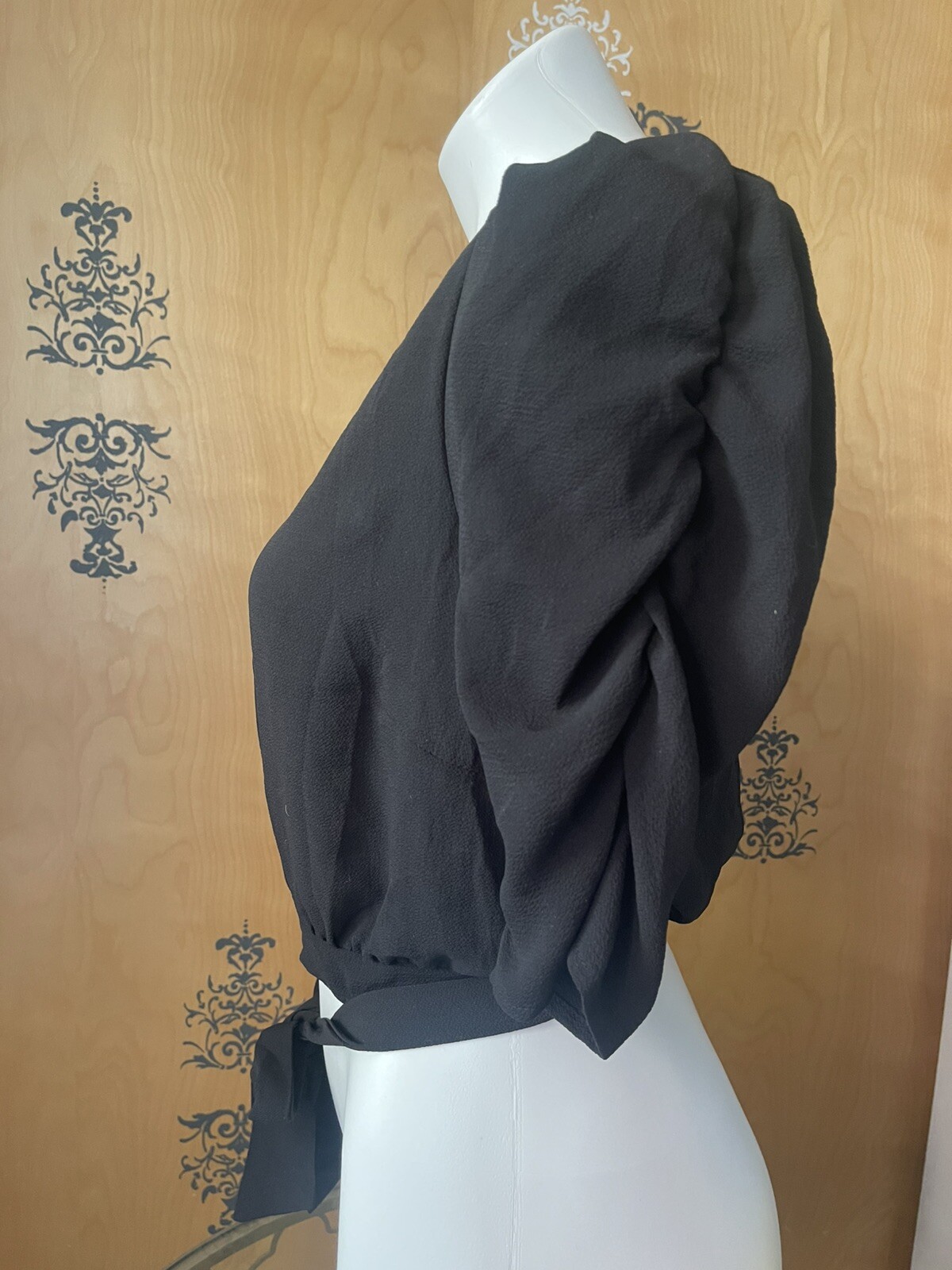 NWT Y2K 2000 Peplum Blouse Crop Top 1/2 Sleeve Adjustable Tie Strings Black S/M