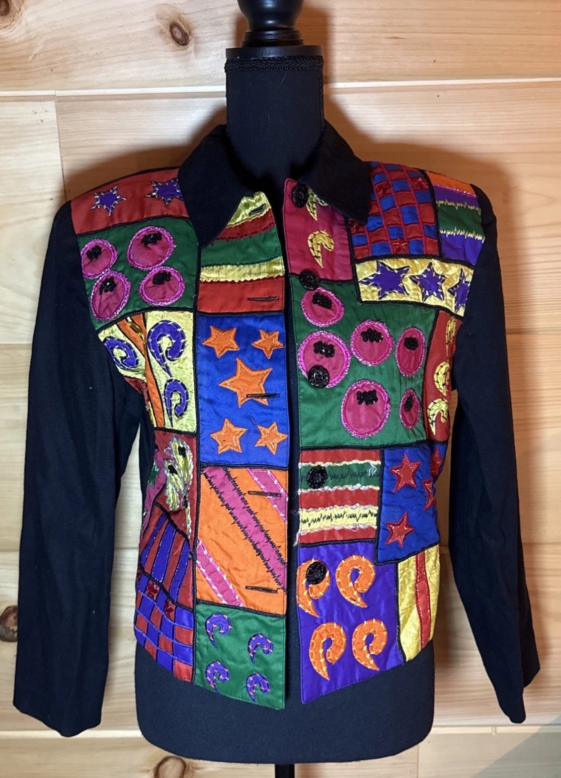 Vintage 90s Anage Jacket Women’s XS Black Patchwork Cotton Boho Festival India