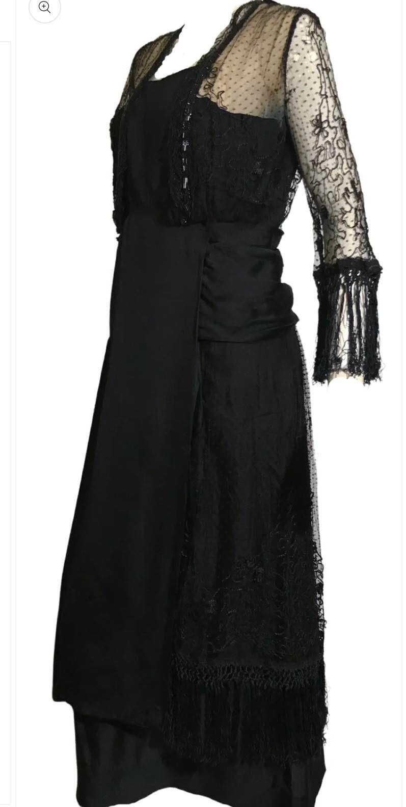 Antique 1910s Fringe and Bead Trimmed Black Silk Dress Vintage