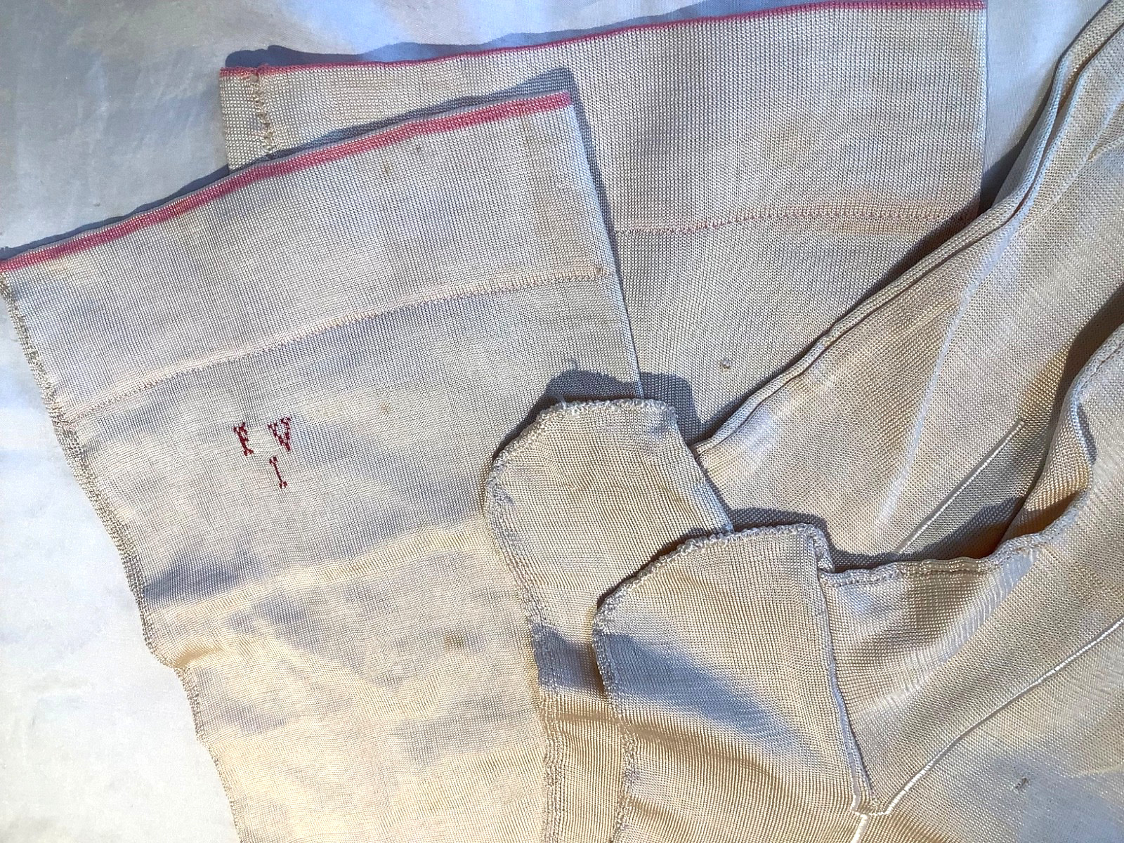 Antique silk Victorian knit Stockings ivory 10 hand sewn Monogram lisle France