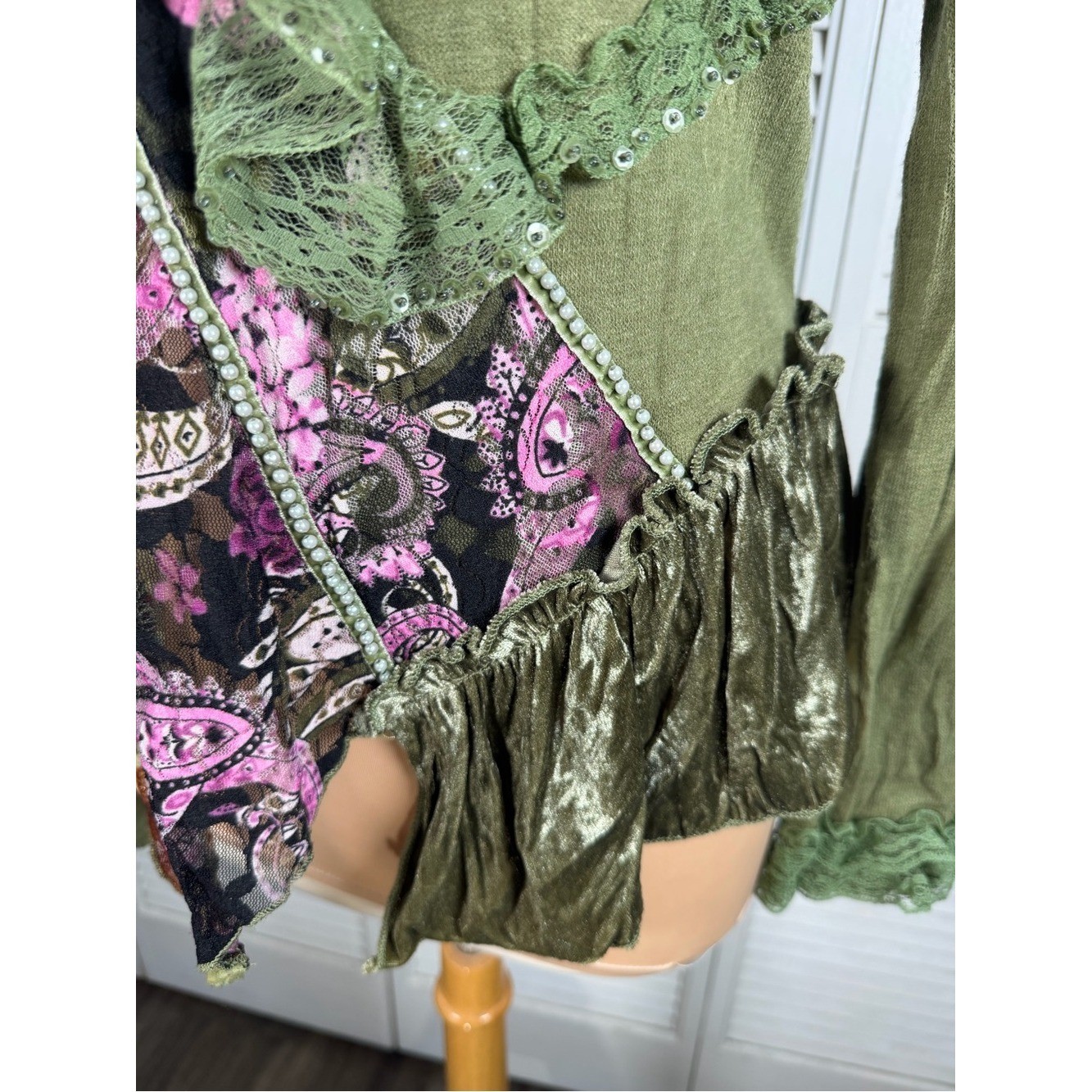 Olive Green Boho Patchwork Lace Tunic Top Fairy Grunge Y2K Boutique