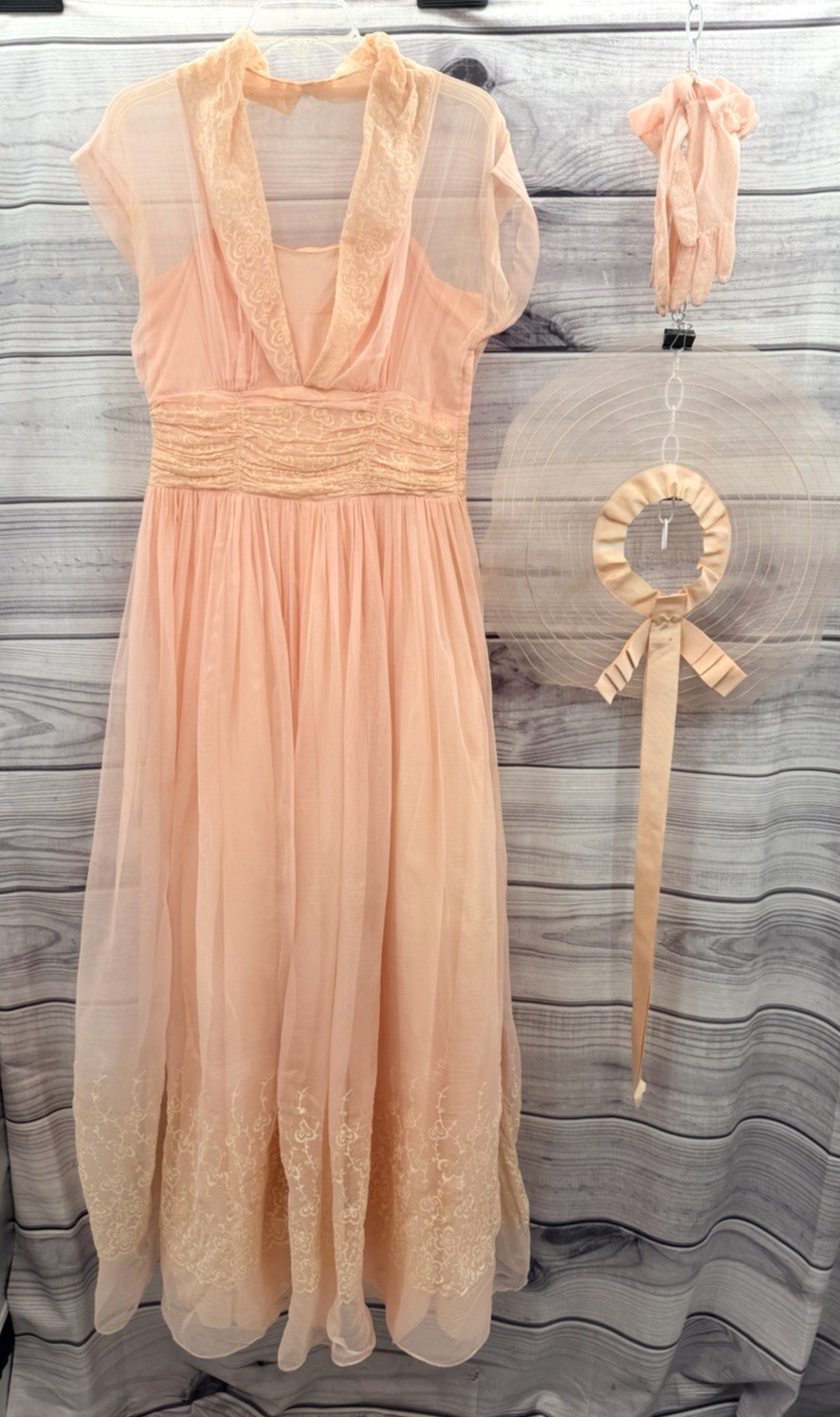 VINTAGE 1950’S CORRINE ORIGINAL PINK FLOOR LENGTH GOWN OPEN CROWN HAT & GLOVES