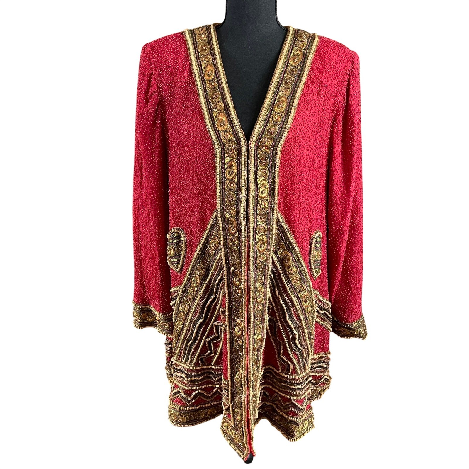 Vtg 100% Silk Neiman Marcus Judith Ann Creations Red Beaded Evening Jacket Large