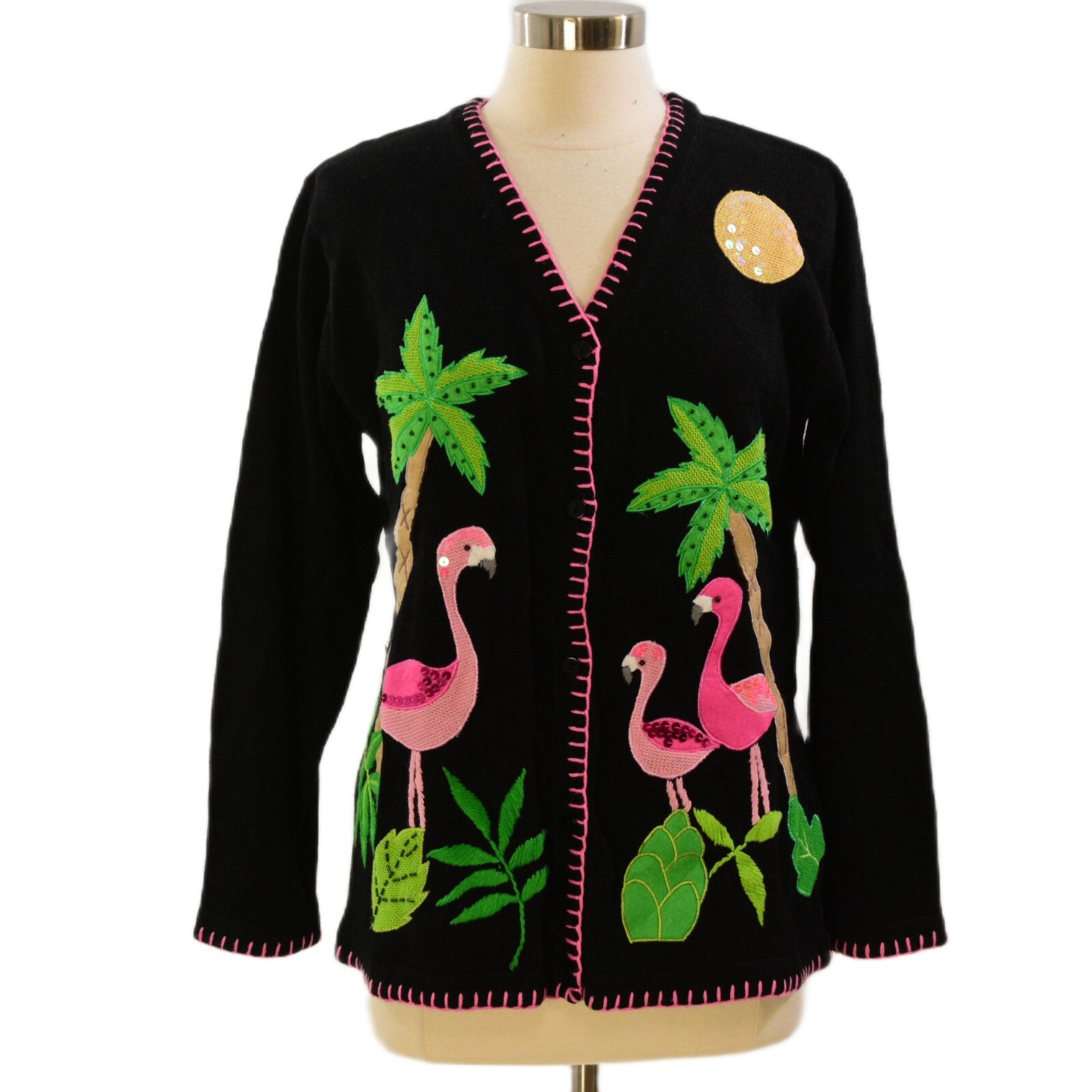90s Vintage The Quacker Factory Embroidered Beaded Flamingo Cardigan Womens M