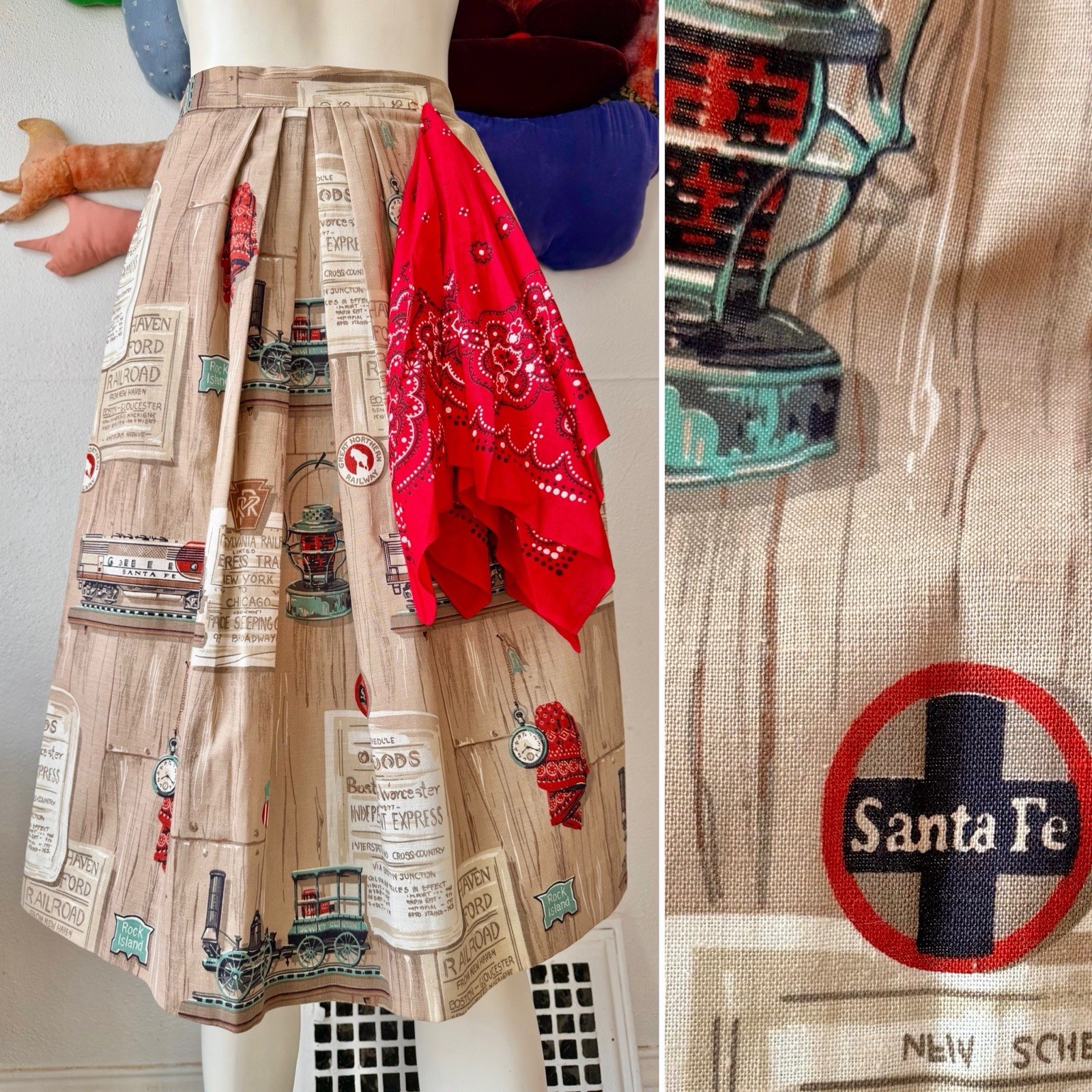 Vintage RAILROAD NOVELTY SKIRT 1950s w/ original BANDANNA NWT Santa Fe Train XS