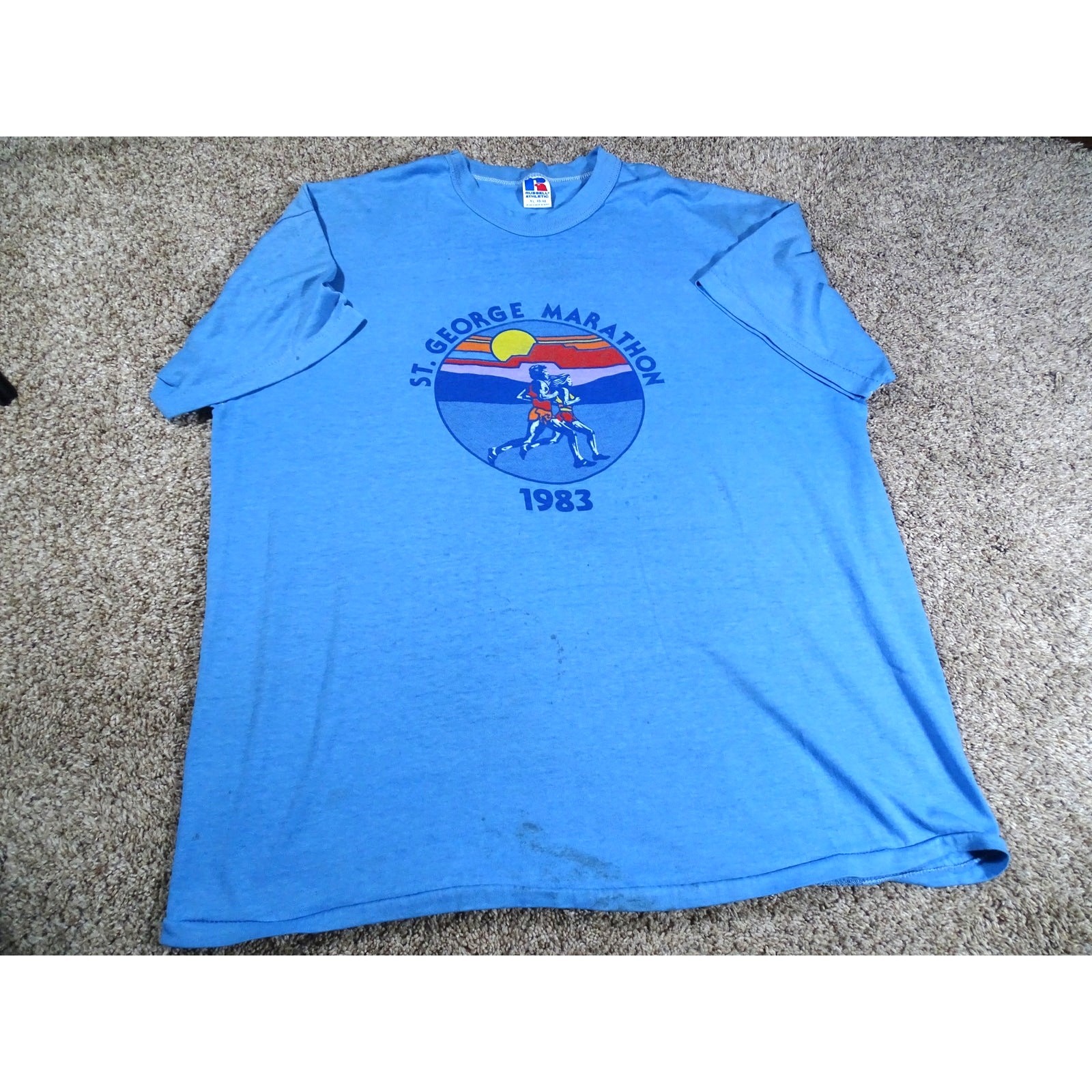 Vtg 80s St George Marathon TShirt XL Russell Athletic Distressed Running Graphic