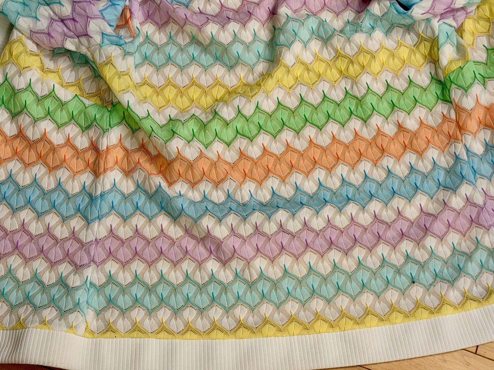 Vintage 1970s Rainbow Chevron Open Knit Cardigan Mod Textured Sweater S/M 19×21