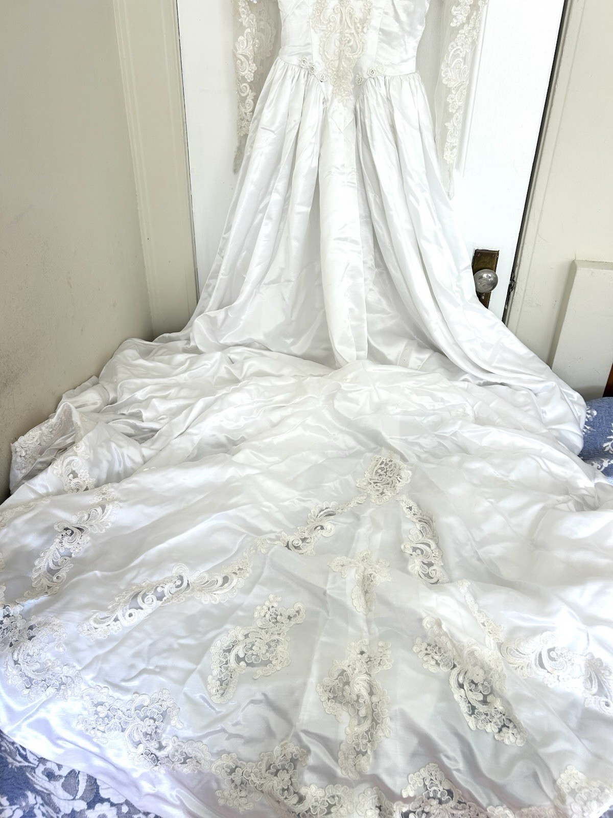 Vintage 1980s White Satin Beaded Wedding Gown & Floral Veil Crown Set Size s