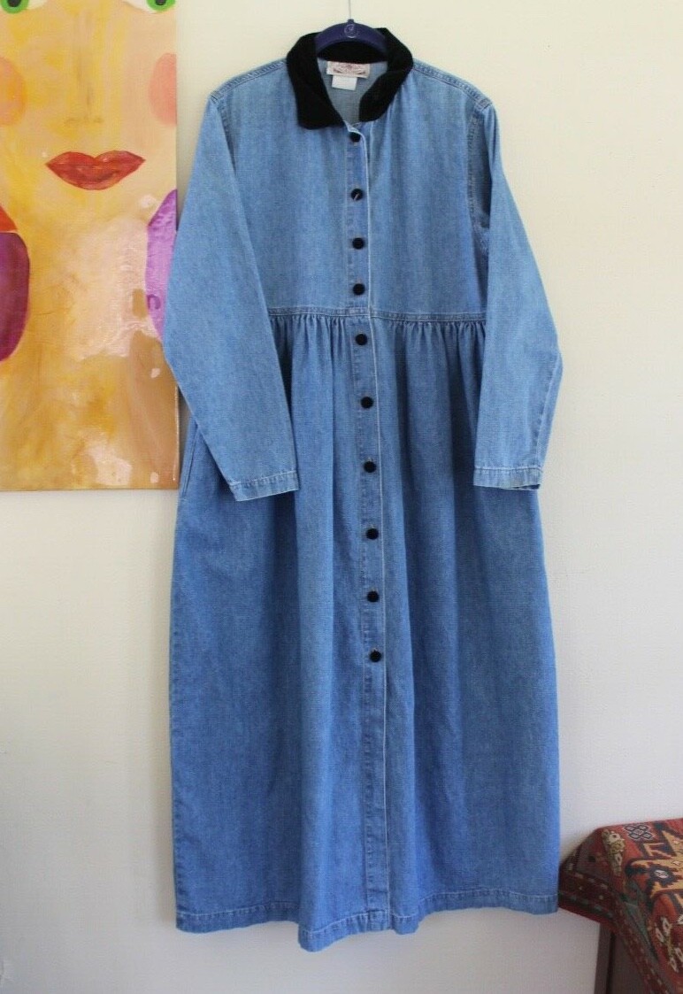 AS IS Grass Raggs -Sz M Denim Modest Vtg 80s 90s Long Jean Twill Dress or Duster