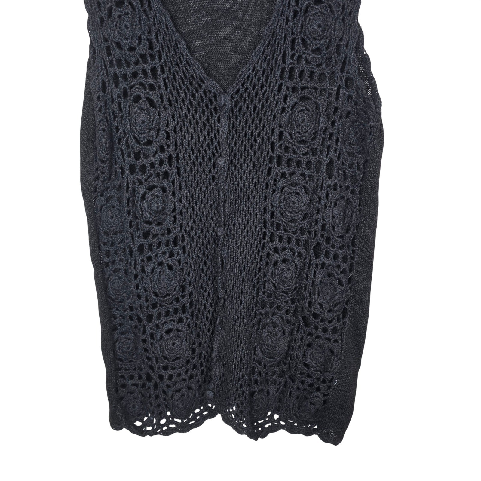 VTG Croquet Club Black Crochet Knit Sweater Vest Floral Ramie Cotton Large Boho