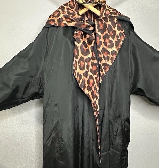 1950s Reversible Silk Satin Duster Coat Leopard Print Hooded Pockets