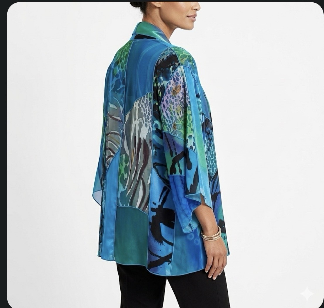 Simply Silk Patchwork Kimono Duster Top Jewel Tones Abstract Art Silk Blend Sz S