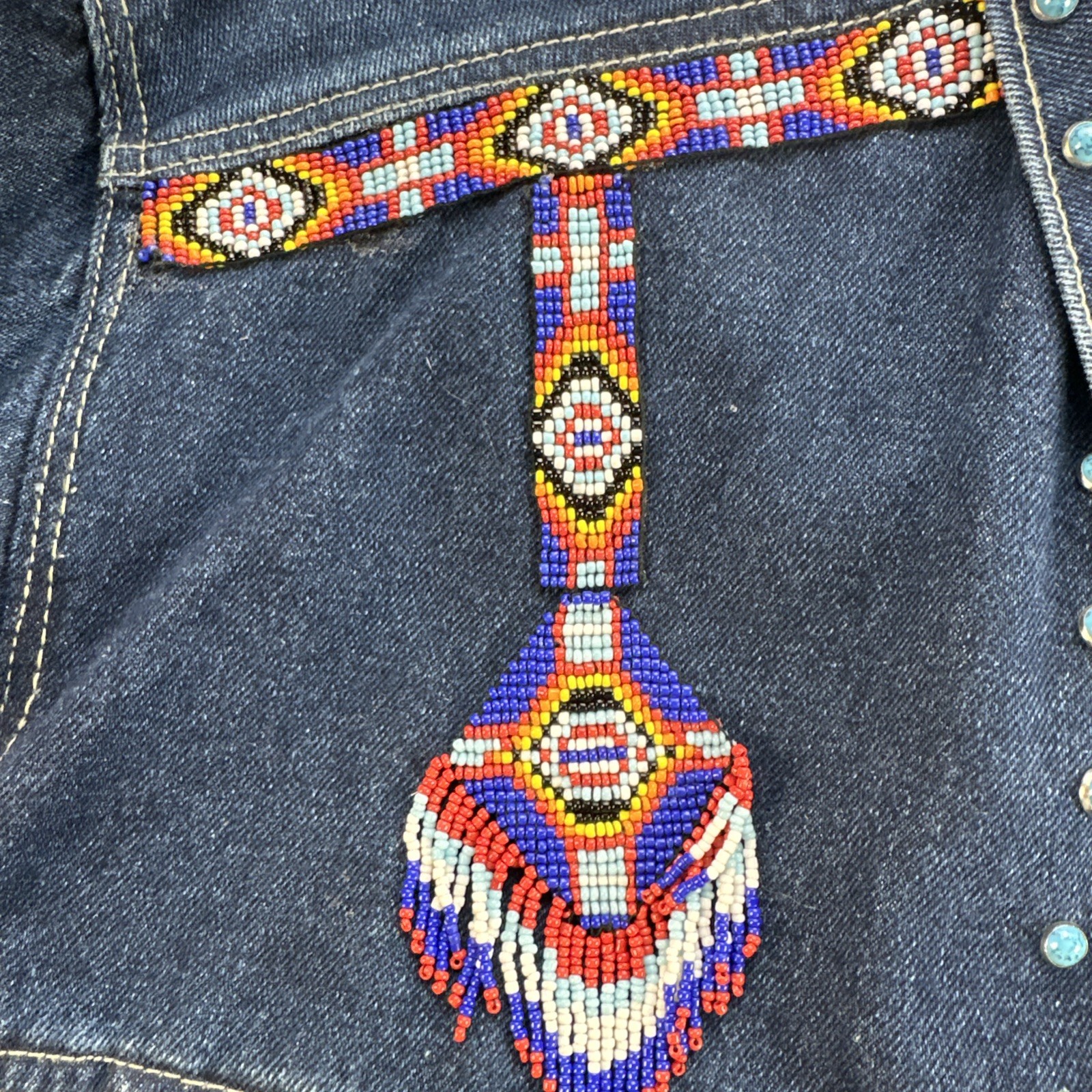 VTG NWT Western Denim Jacket Sz L Beaded Fringe Turquoise Concho Rodeo Southwest