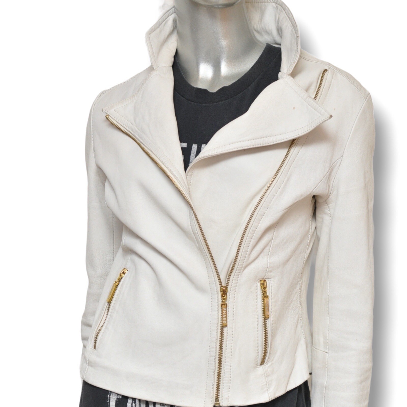 Vintag Leather Motorcycle Jacket Womens Small White Upcycled Zip Front Motto