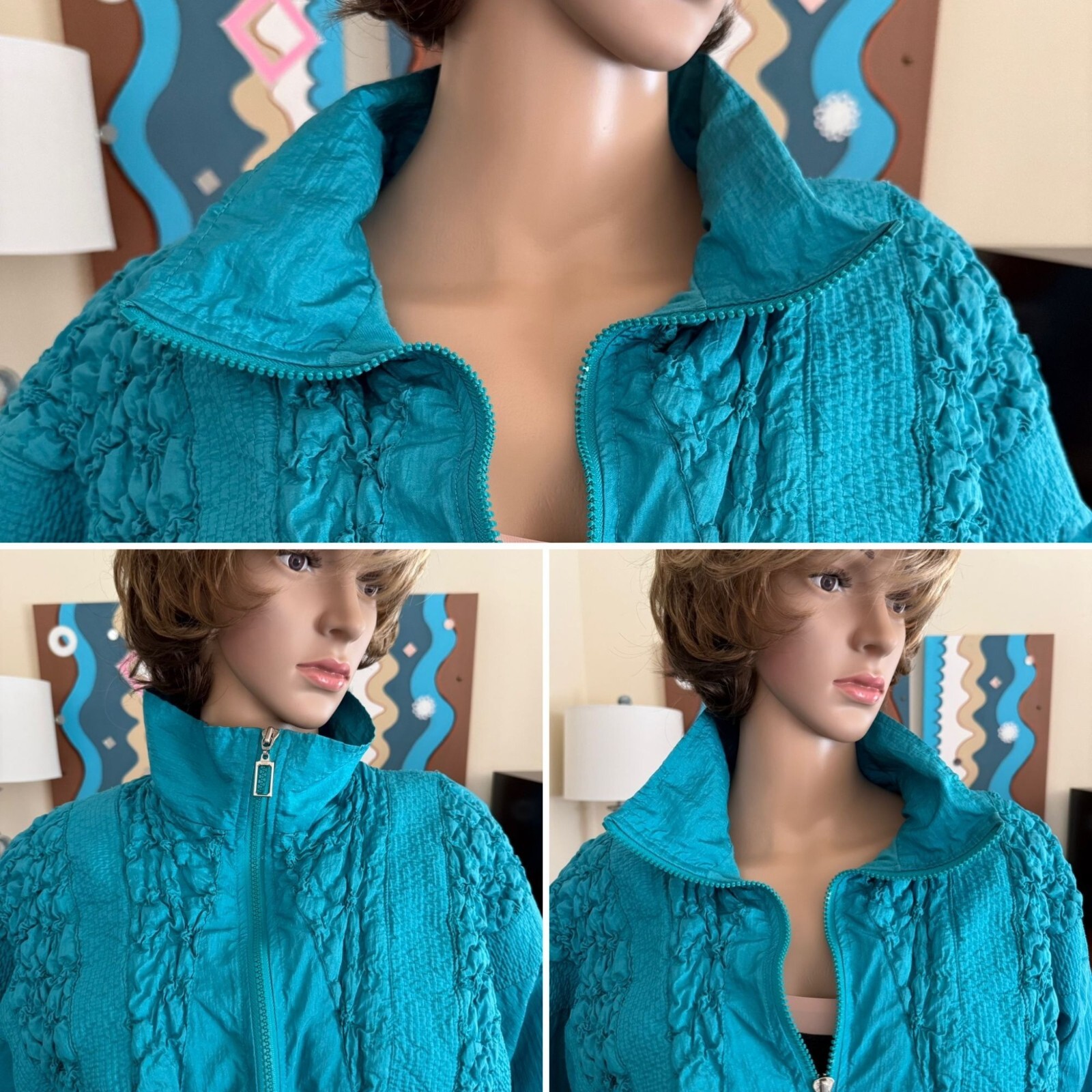 Vintage 1980s Teal Smocked Jacket Retro Sporty Chic Size L to XL