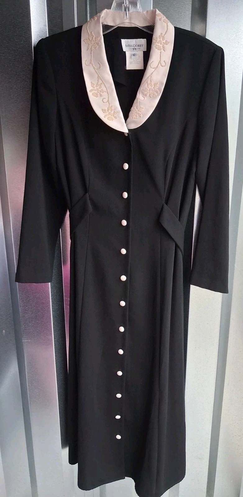 Vintage Miss Dorby Black Button Front Long Coat Dress Size 12 Embroidered Label