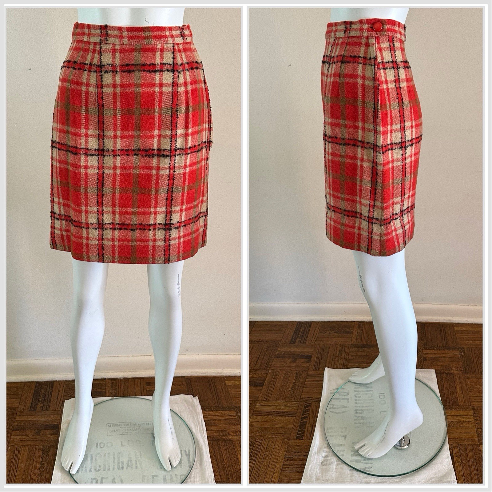 1960s Red Plaid Wool 3-Pc Set Jacket Skirt Pants Handmade Mod Suit Size Zip VTG
