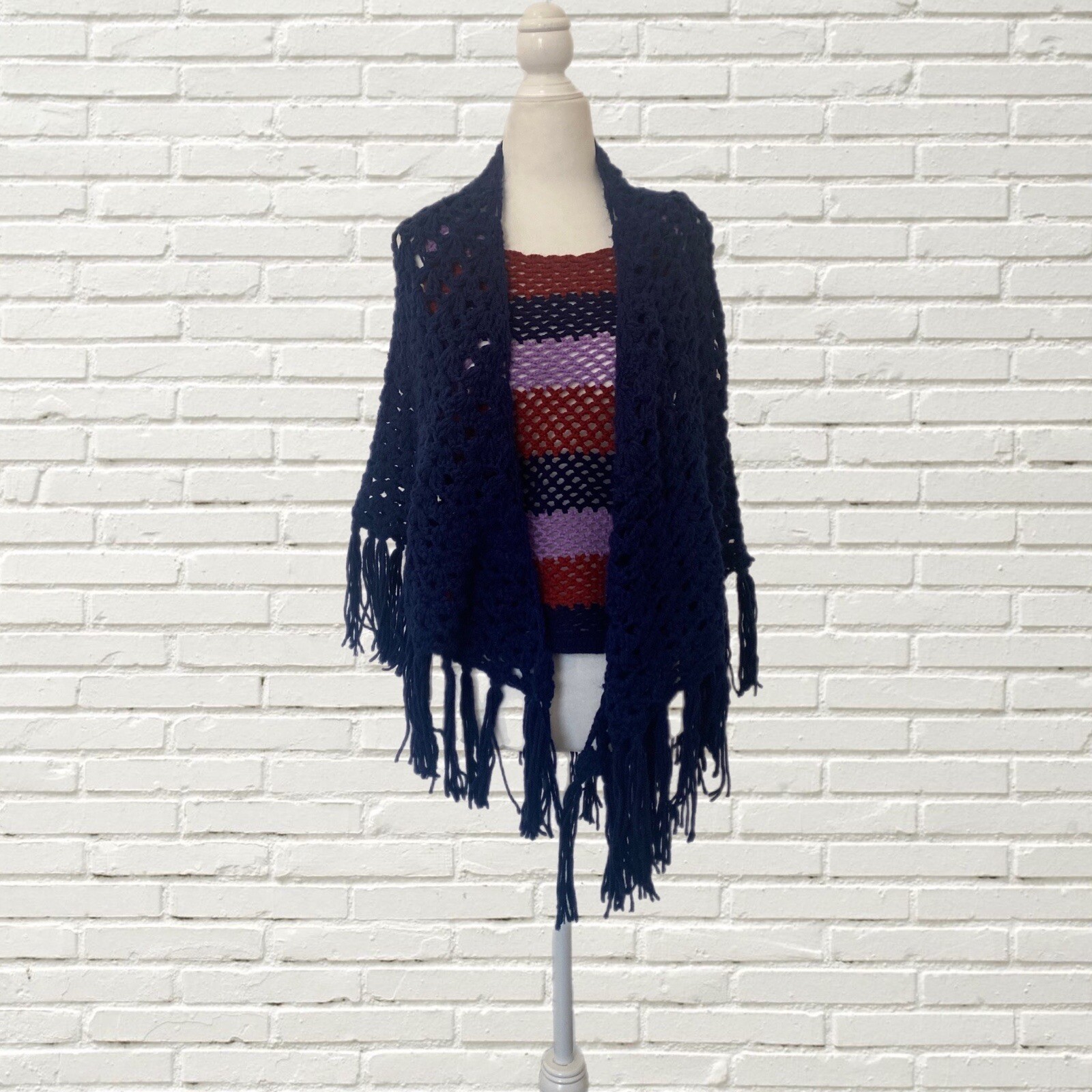 vintage 70s crochet tank top and fringe shawl set – Striped Knit Hippie Boho