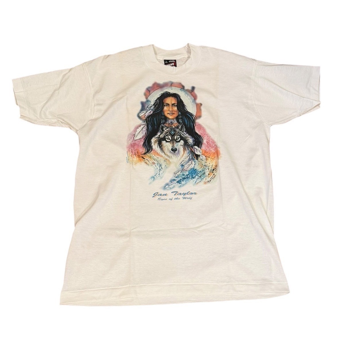 Vtg 90s Jan Taylor Eyes of the Wolf T Shirt White Graphic Native American NWOT L