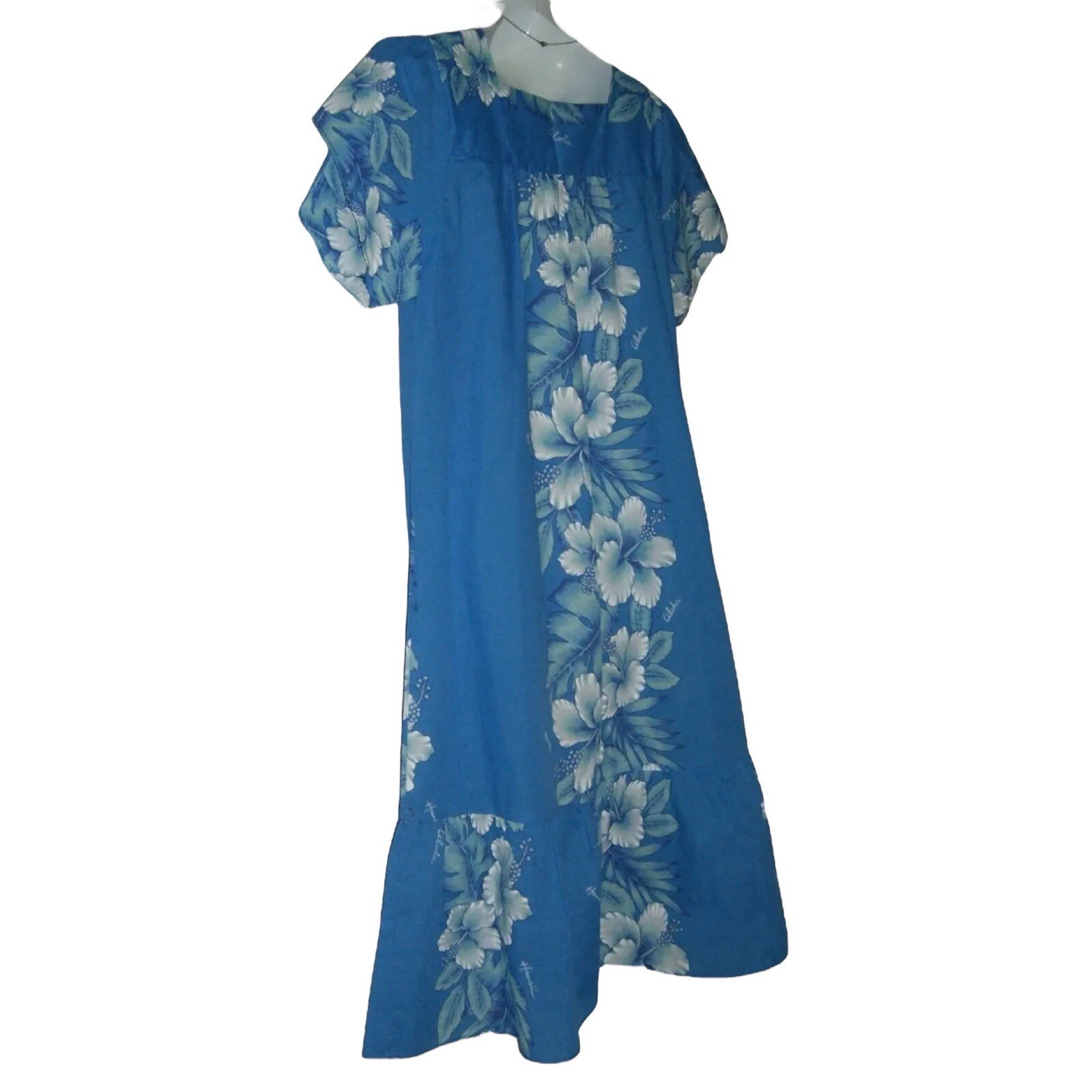 Vintage 80’s Kalena Fashions Of Hawaii Dress Flower Blue MuMu Hibiscus Vacation