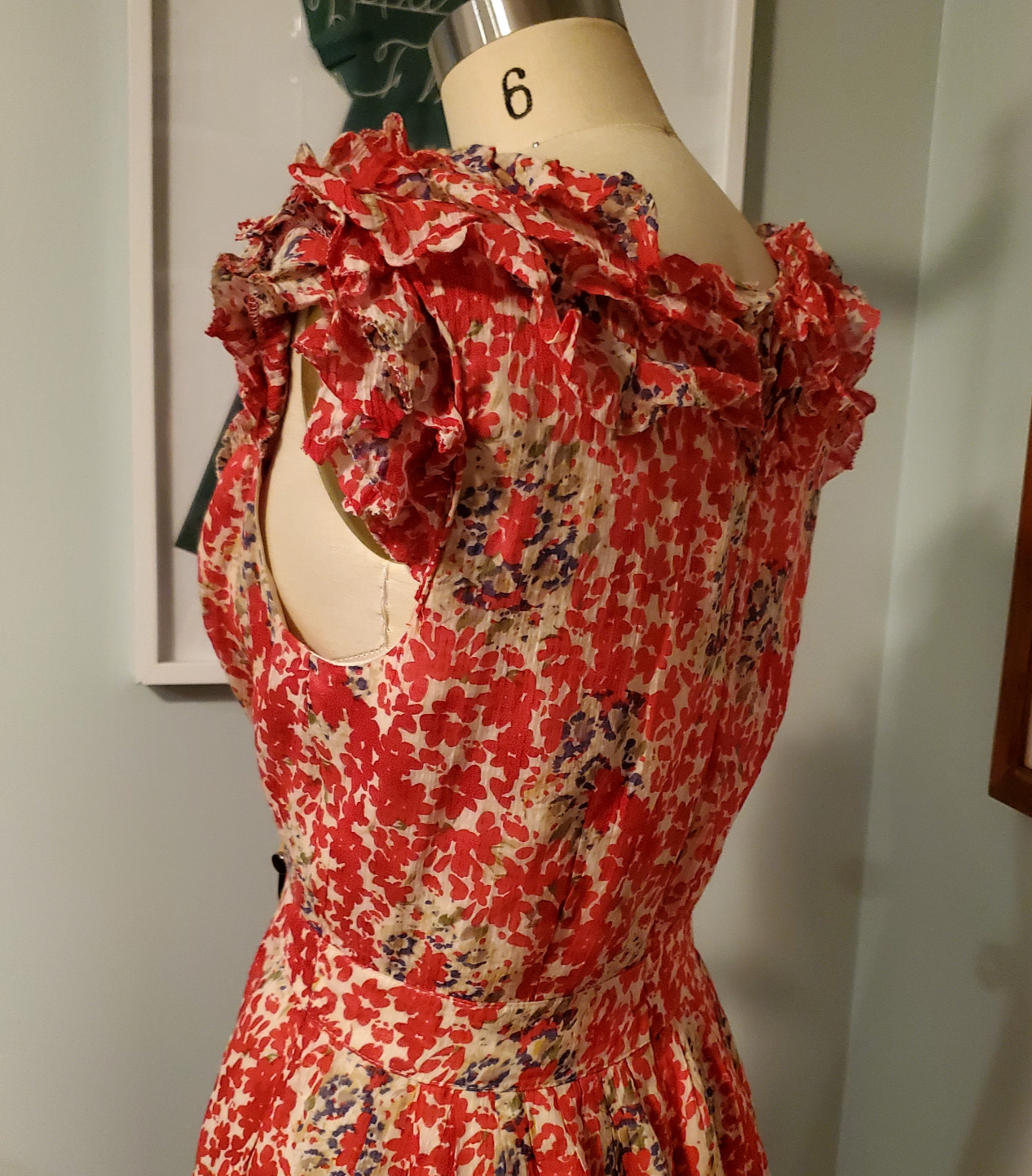 90s VTG Kay Unger Cotton + Silk Red Floral Patterened Dress w/ Frilled Collar