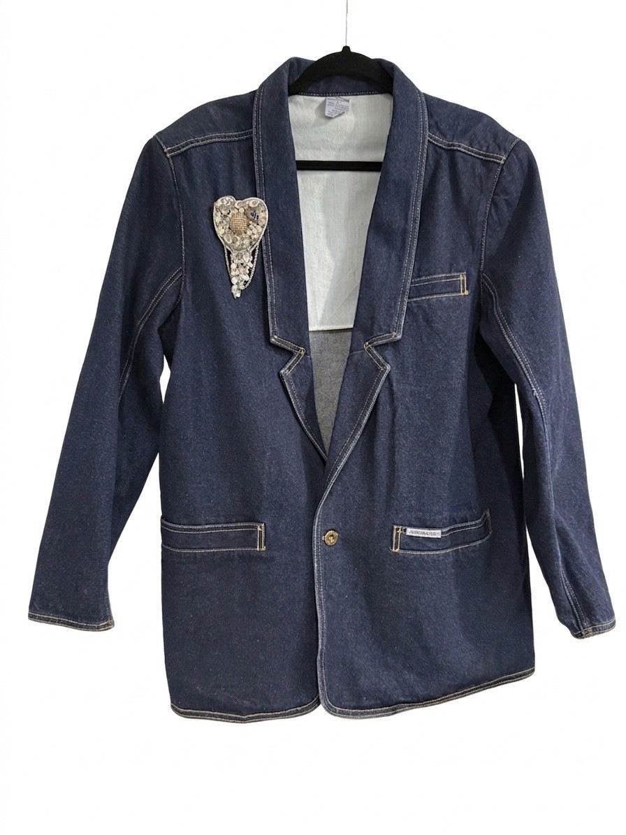 VTG 80s/90s Jordache Denim Blazer Jacket & Artisan Assemblage Heart Brooch Set L