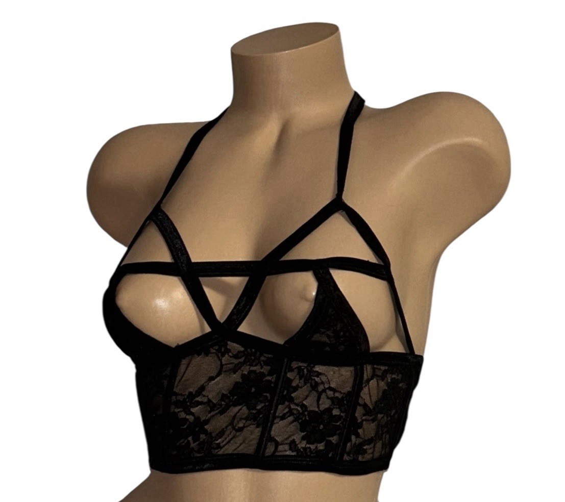Black Sheer Lace Underwire Boned Tie Around Neck Bra Brassiere Bustier