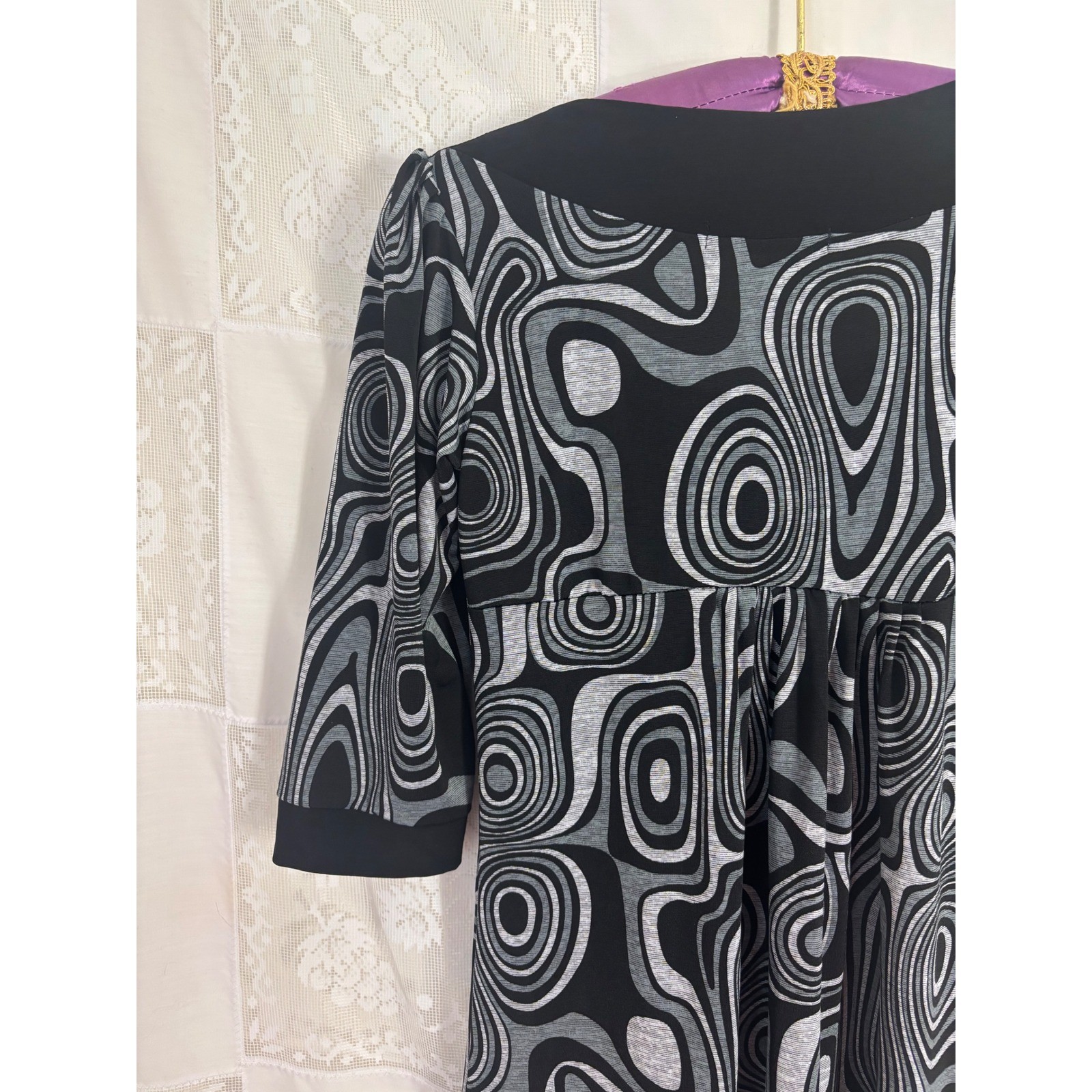 VTG Y2K 60’s/70’s Mod Black+Gray Artsy Retro 3/4 Sleeve Mini Dress Size S-M