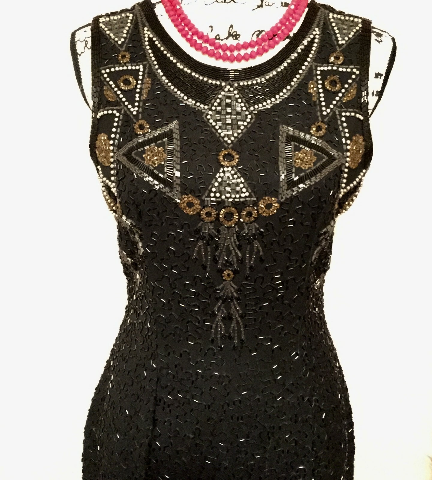 Vintage A.J. Black Formal Dress Gold and Silver Beaded Size 8 100% Wool