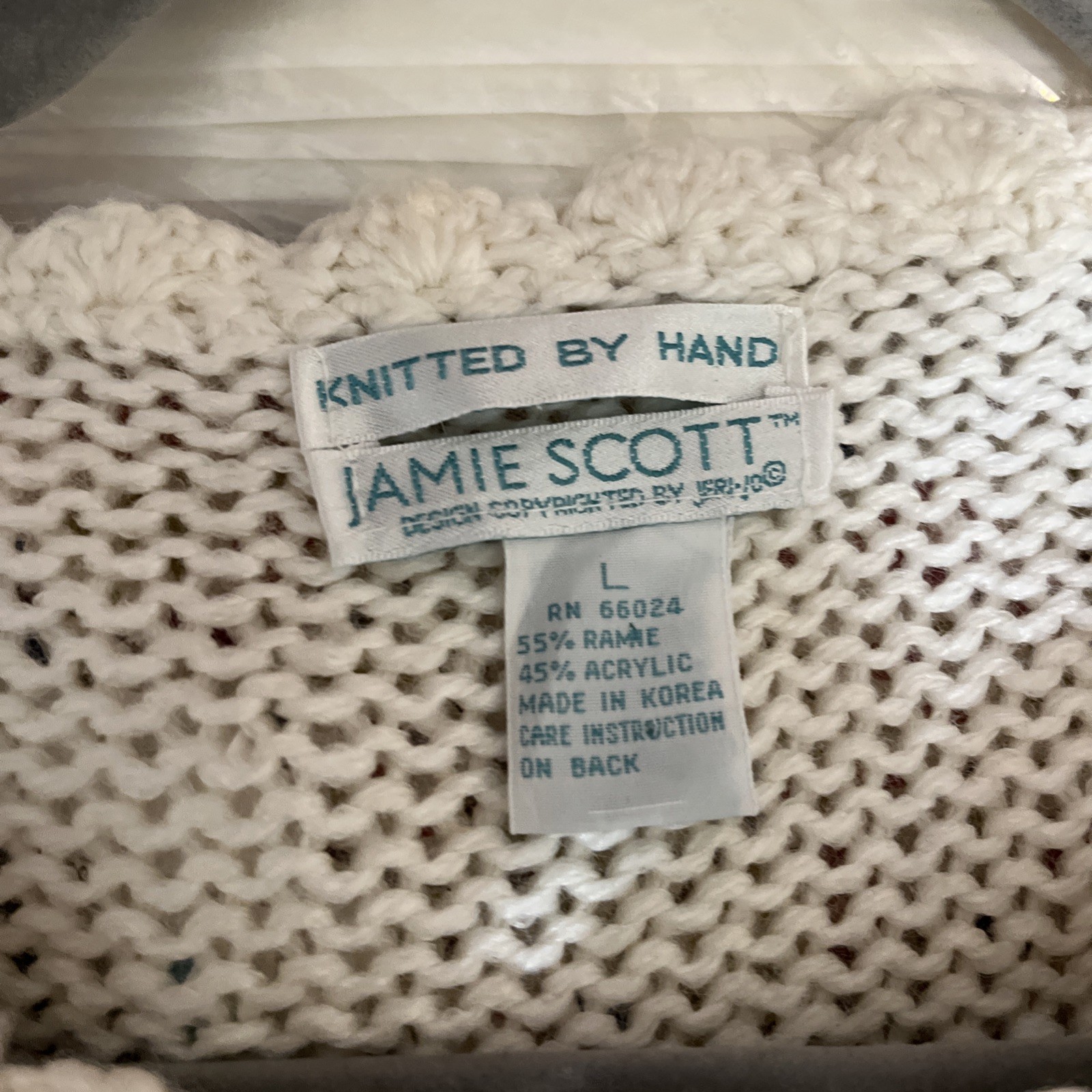 Vintage Women’s L Sweater Jamie Scott Soft Ivory Floral Drop Shoulder Cotton 80s